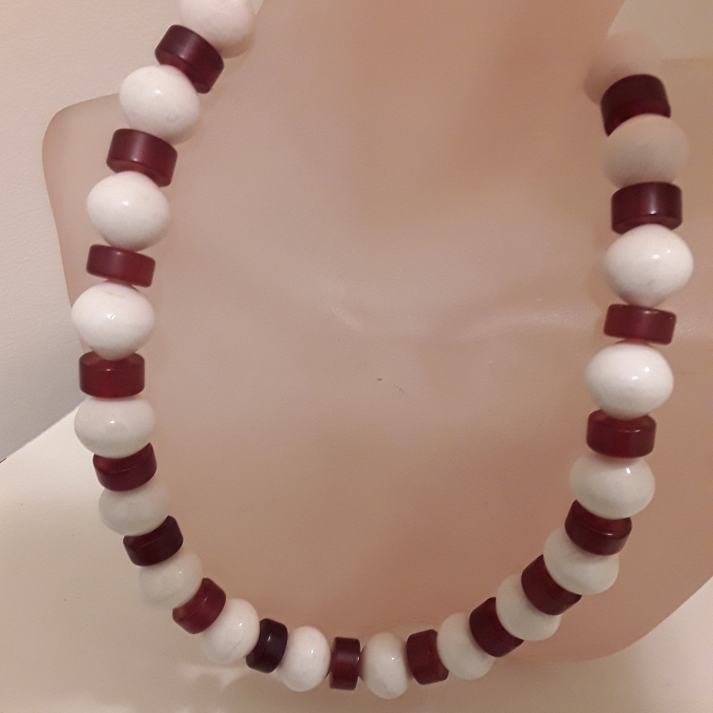 Trifari Faux amber lucite and white bead necklace